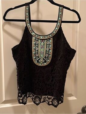 Lulumari Black Crochet Crop Top with Multicolor Embroidered Yoke